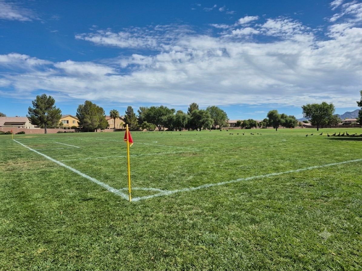 Corner flag and freshly painted touchline at Aliante Nature Discovery Park.