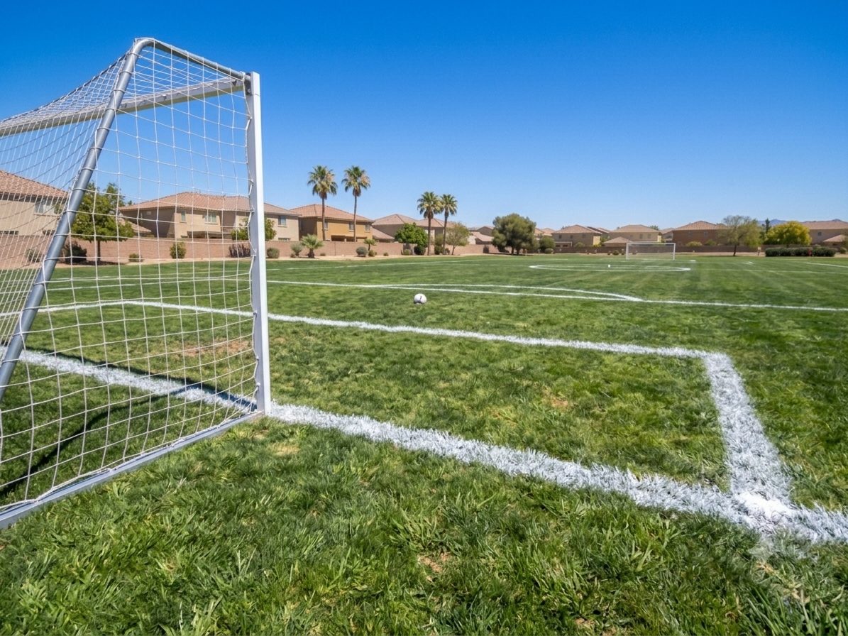 View from behind the goal at Aliante Nature Discovery Park, looking down the length of the pitch.
